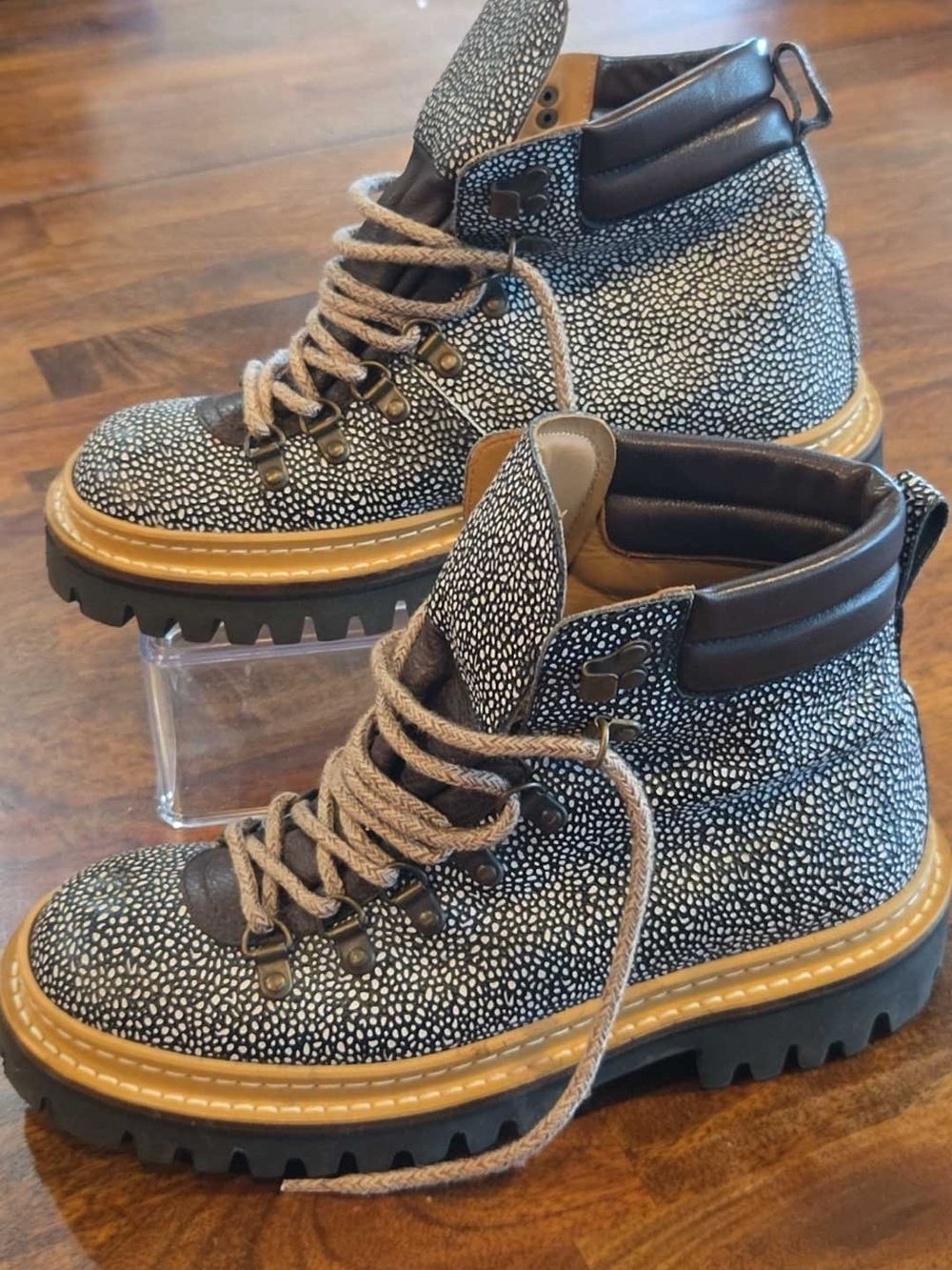Taft Black & White Speckled Lace-Up Trek Boots with Tan Trim